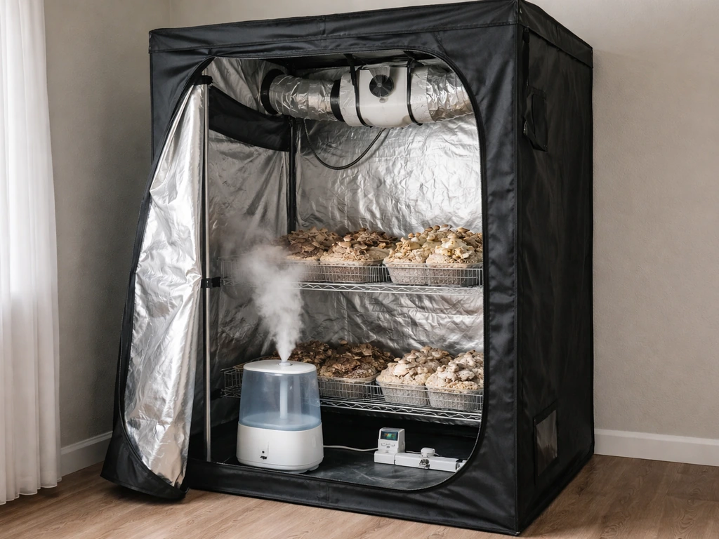 4x4 grow tent with an ultrasonic humidifier misting and an inline fan running for high-humidity fruiting