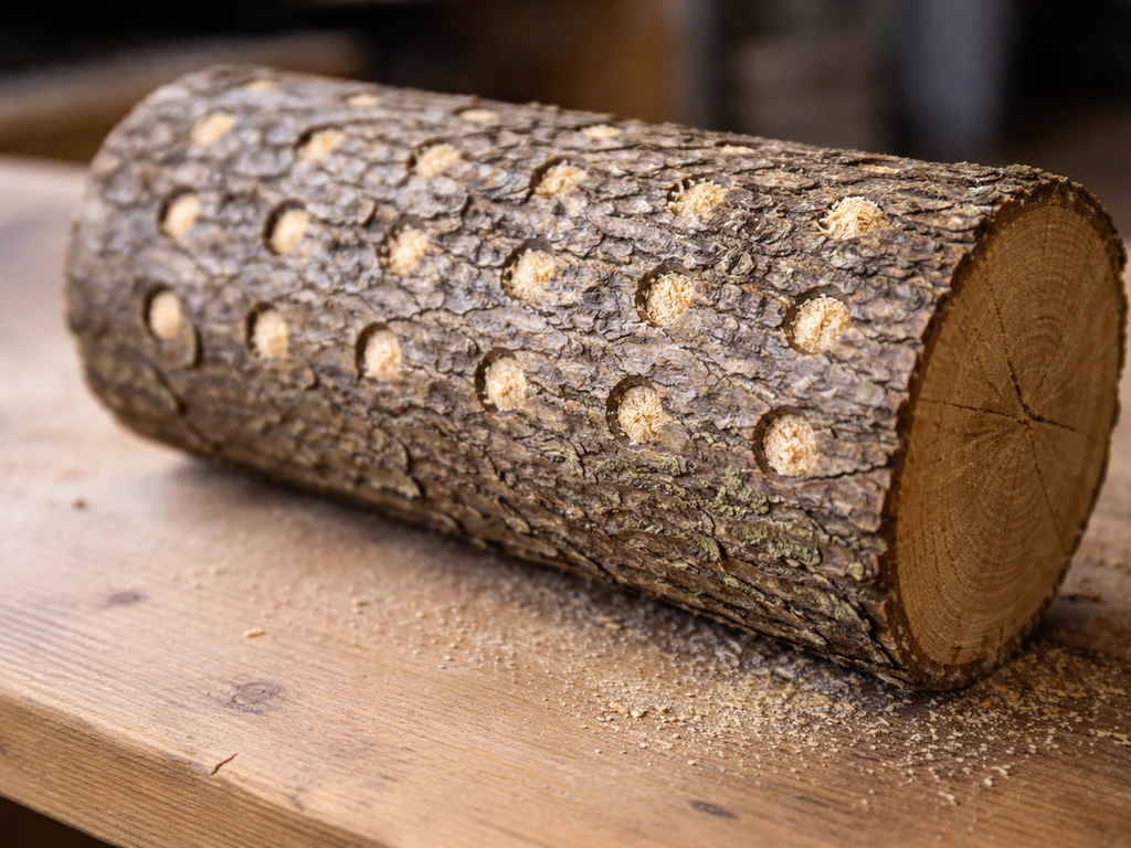 Close-up of a hardwood grow log with drilled holes neatly packed with sawdust/plug spawn.