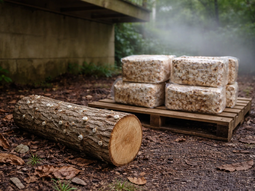 Shaded humid recovery spot with inoculated mushroom log on a pallet near a wall under a deck.