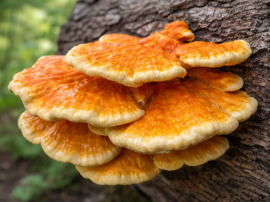 Close-up of chicken of the woods shelves in vibrant orange and yellow, still tender, on a log