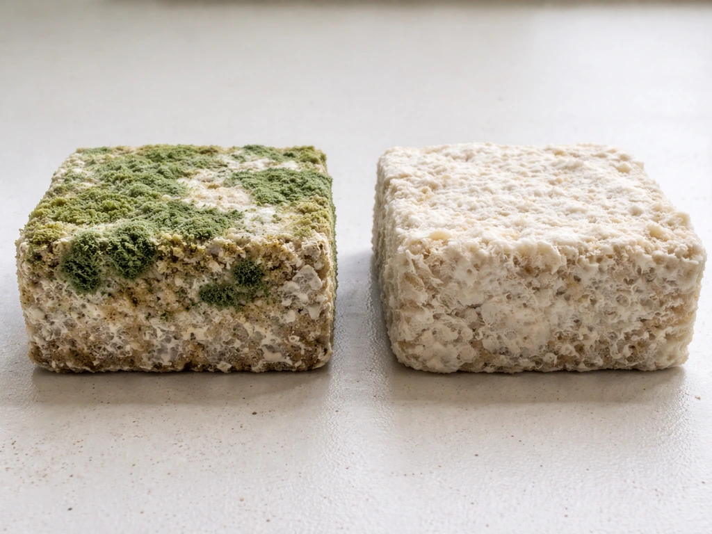 Two substrate blocks side-by-side: left has green mold patches, right shows clean pale mycelium colonization.