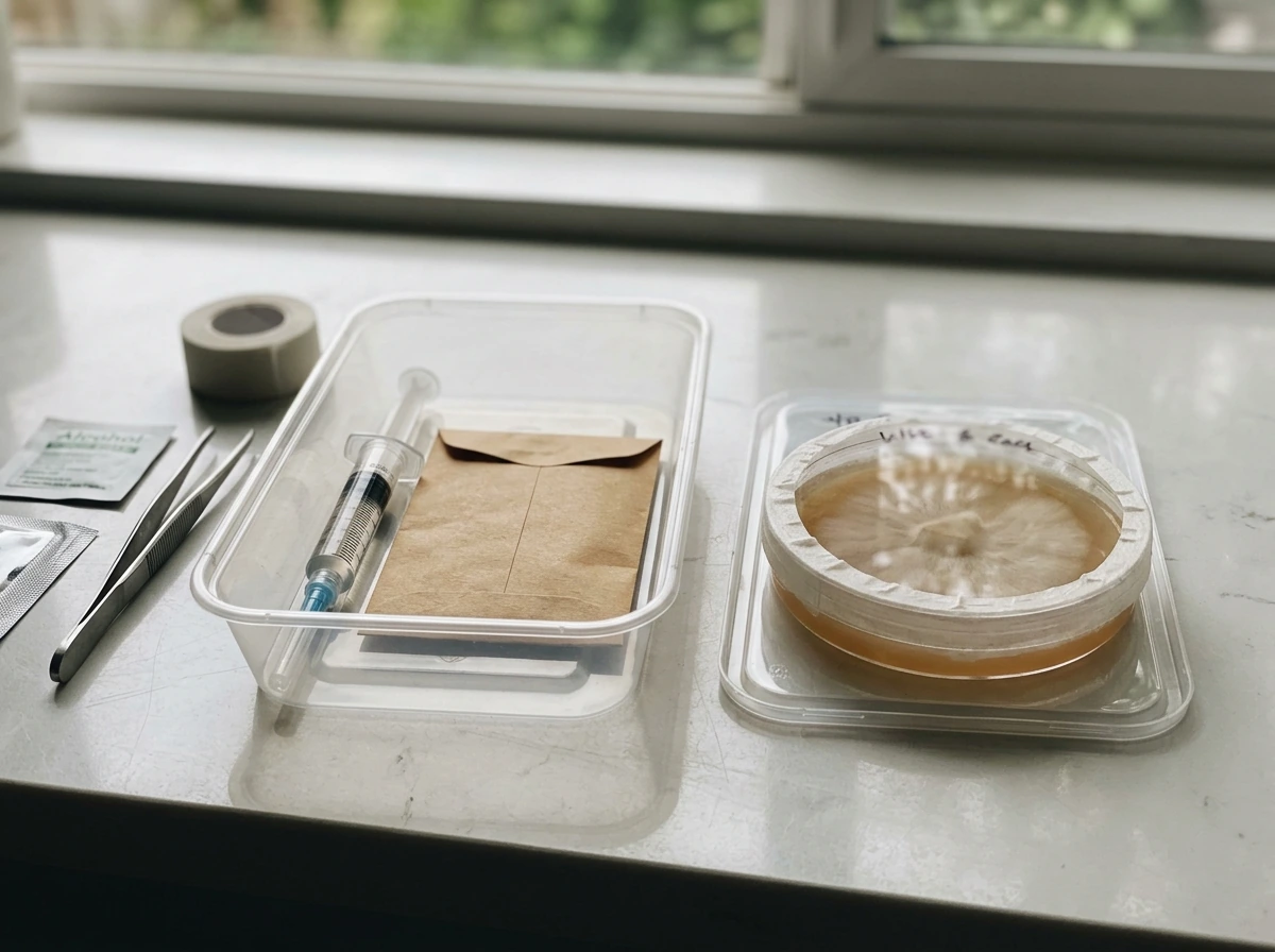 Spore syringe and spore print plus agar plate used as starting material options.