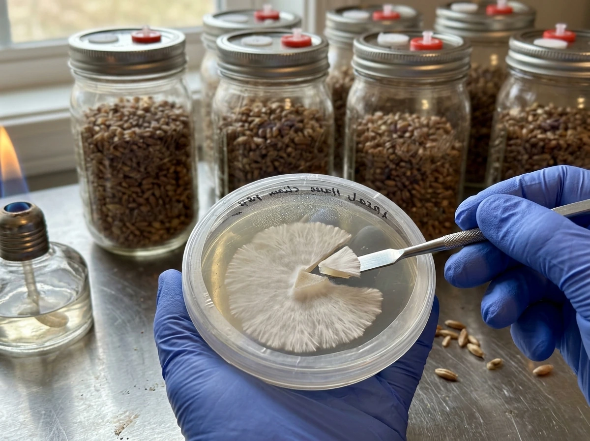 Agar plate mycelium ready for transfer to colonized grain jars.