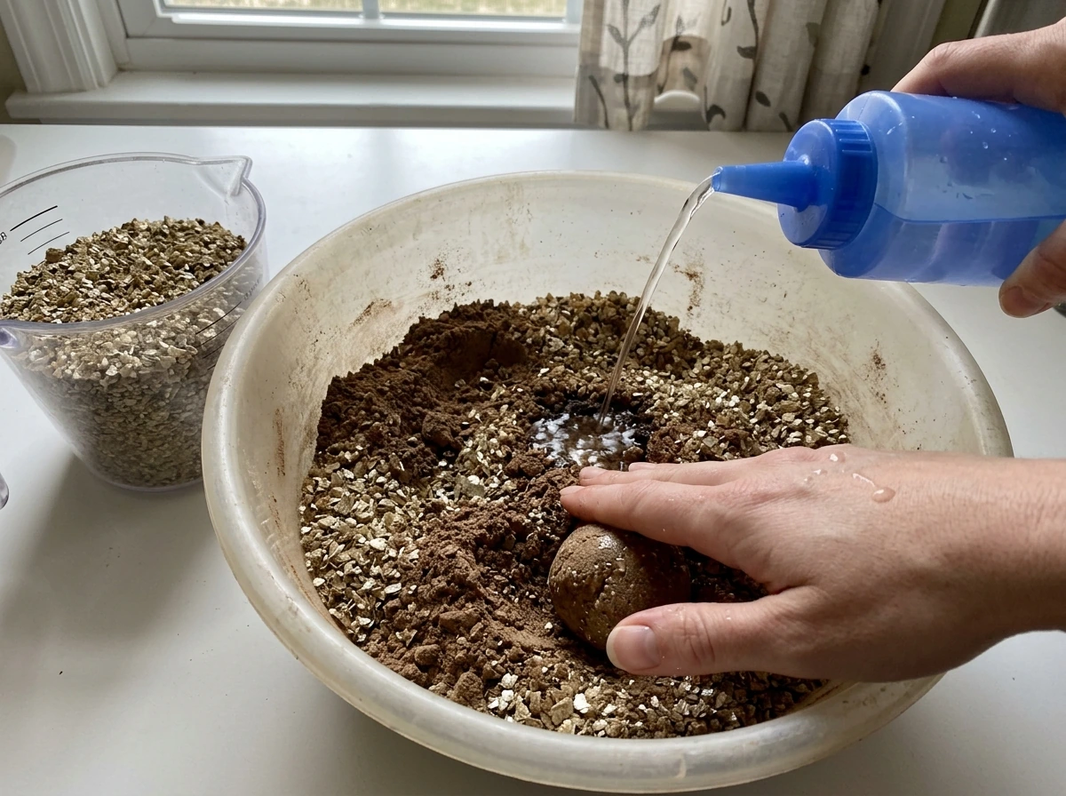 Hands mixing substrate ingredients to field-capacity consistency for colonization.