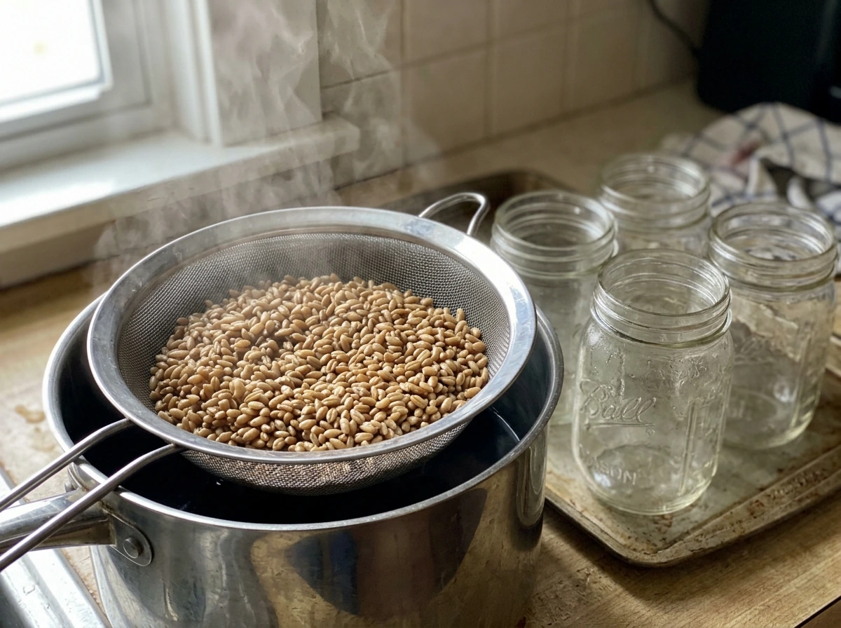Draining and preparing hydrated grain for filling into spawn jars.