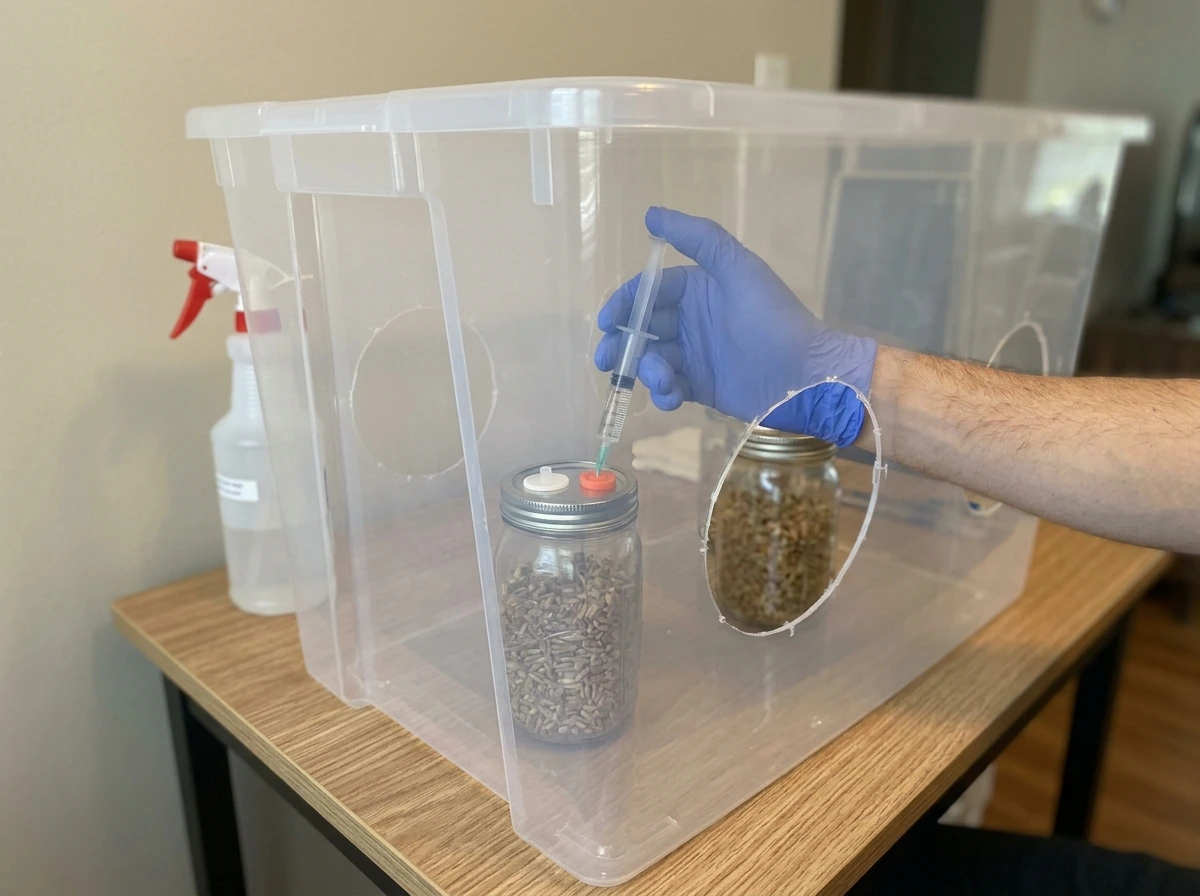 Jar inoculation in a still-air box using a syringe into the injection port.
