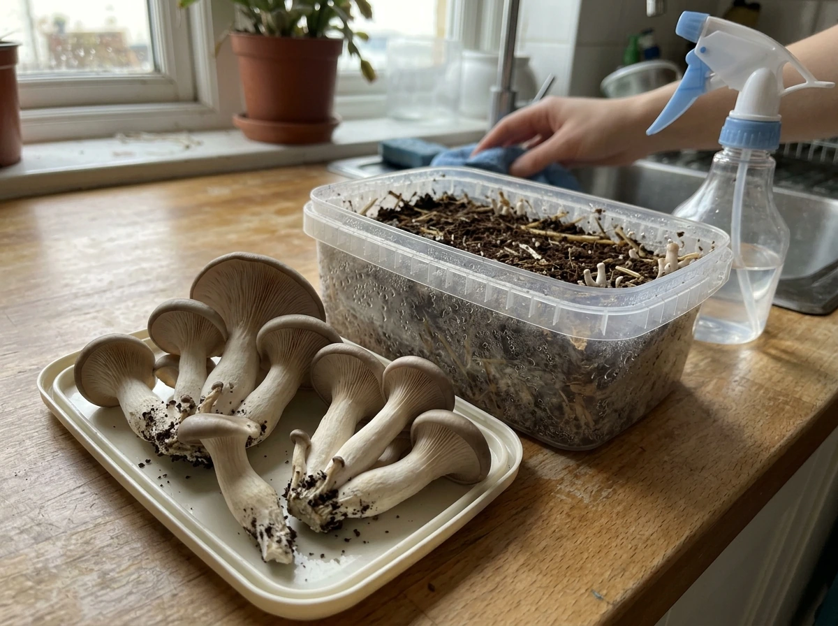 Freshly harvested mushrooms on a tray with the next flush beginning in the background.