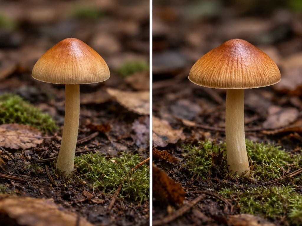Close-up side-by-side of two different wild mushrooms on a damp forest floor with leaf litter and moss.