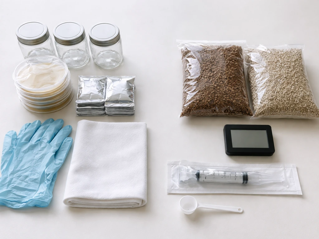 Overhead view of sterile supplies and environmental gear neatly arranged for a culture workflow.