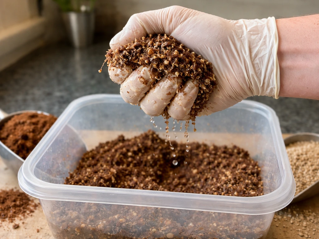 Gloved hand squeezes a coco coir–vermiculite mix to show it’s moist and near field capacity.