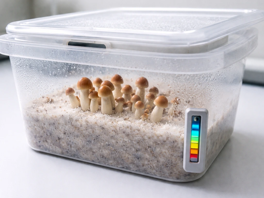 Translucent fruiting tub with multiple mushroom pins under humid condensation and a small airflow indicator device.