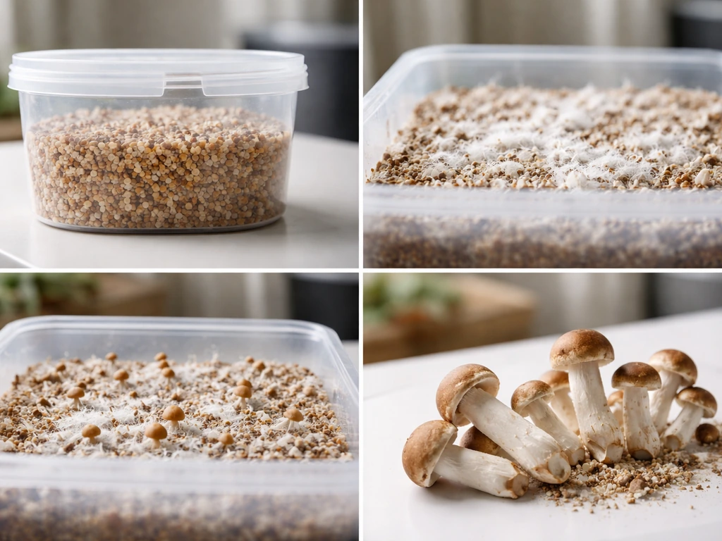 Four-frame collage of psychedelic mushroom growth stages: inoculation, mycelium colonization, pinning, harvest.