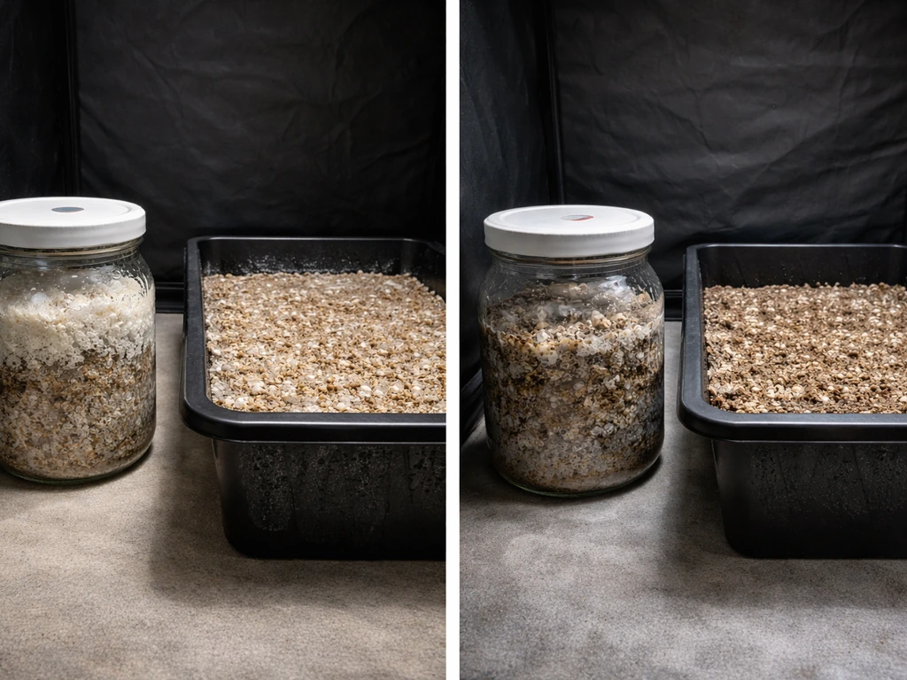 Split photo panels showing fast vs slow mushroom cultivation stages with anonymous trays and containers.