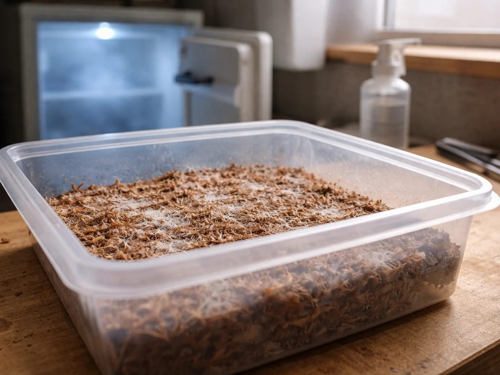 Close-up of a clear bin with moist hardwood substrate showing early white mycelial growth in a cool setup.