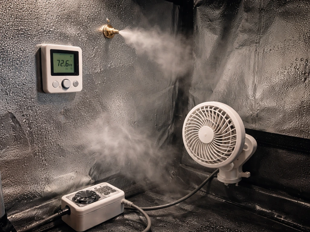 Grow tent corner showing hygrometer/thermostat, misting nozzle, fan, and timer controlling humidity airflow.