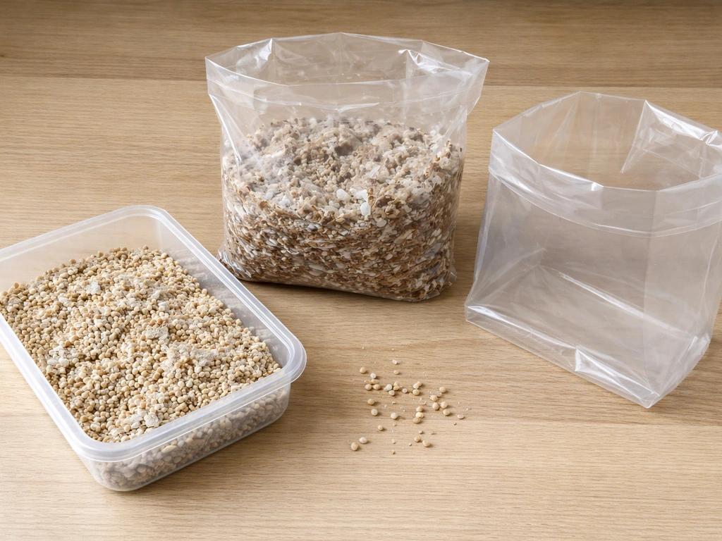 Prepared substrate bag and inoculated spawn grains on a clean surface, shown side-by-side for Stage 1 setup.