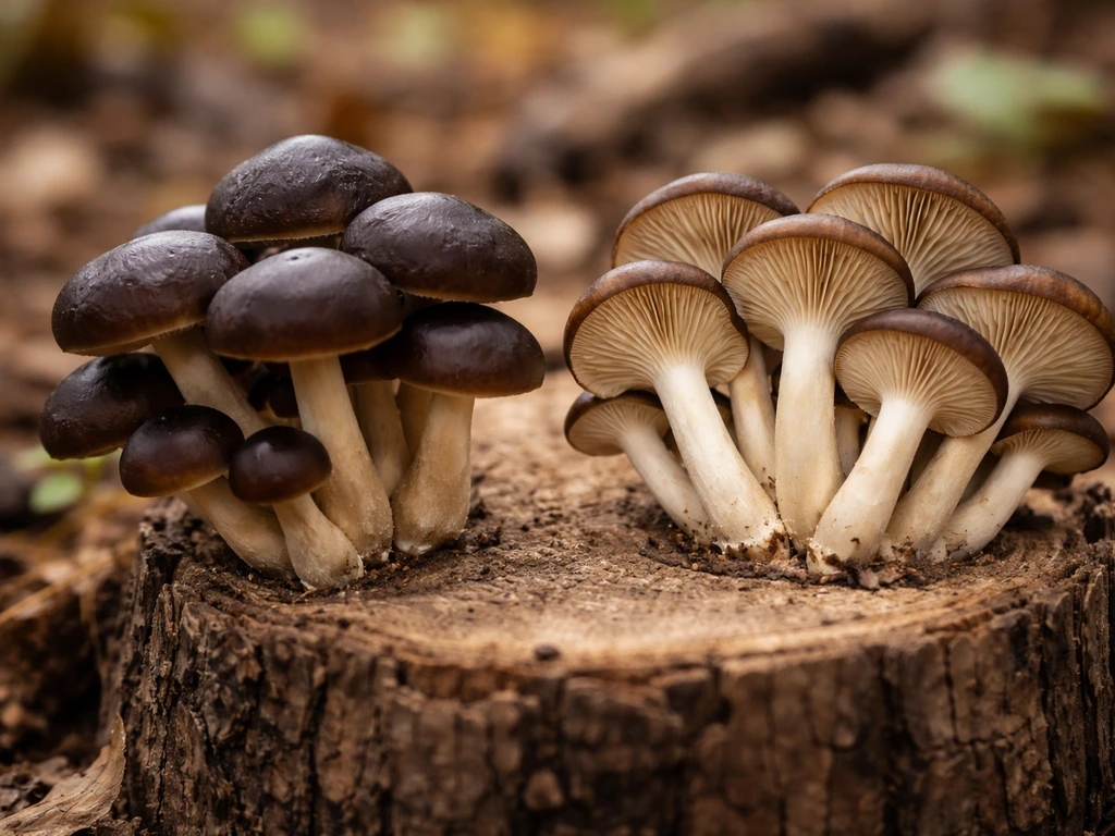 Close-up of black poplar mushrooms on cut wood, showing cap surface and gill texture clearly.