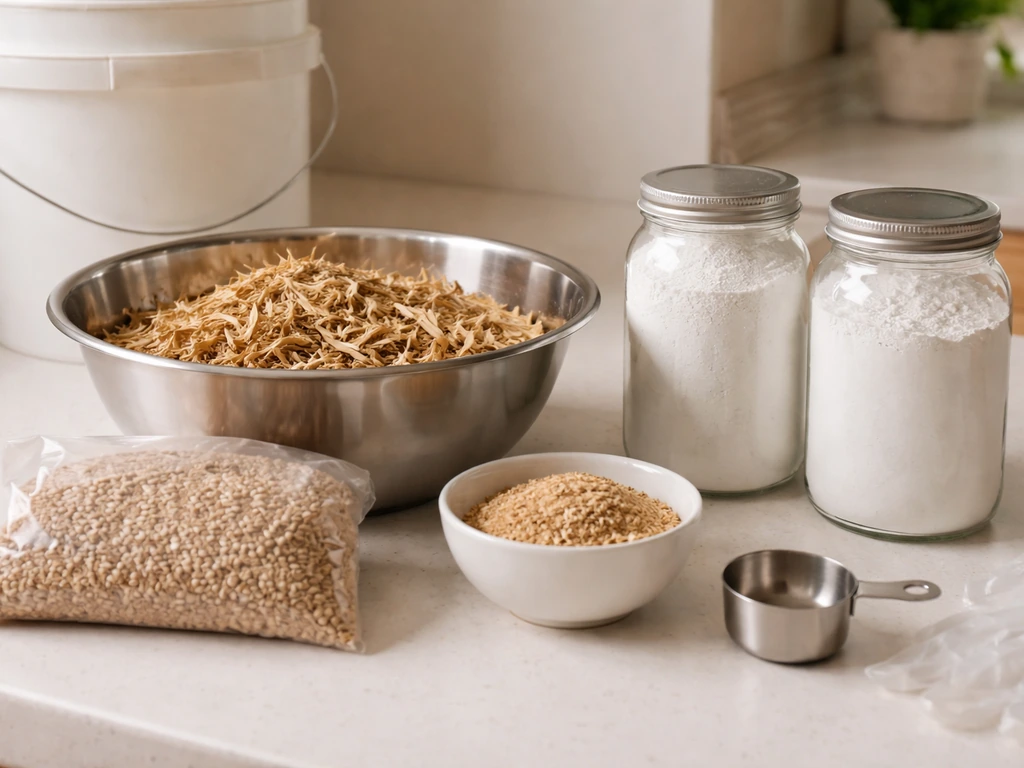 Supplies setup for mushroom growing: grain spawn, substrate ingredients, gypsum and hydrated lime with clean tools.