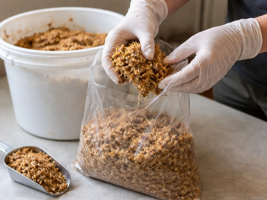 Gloved hands mixing hydrated straw-sawdust substrate in a bucket, ready for conditioning in grow setup