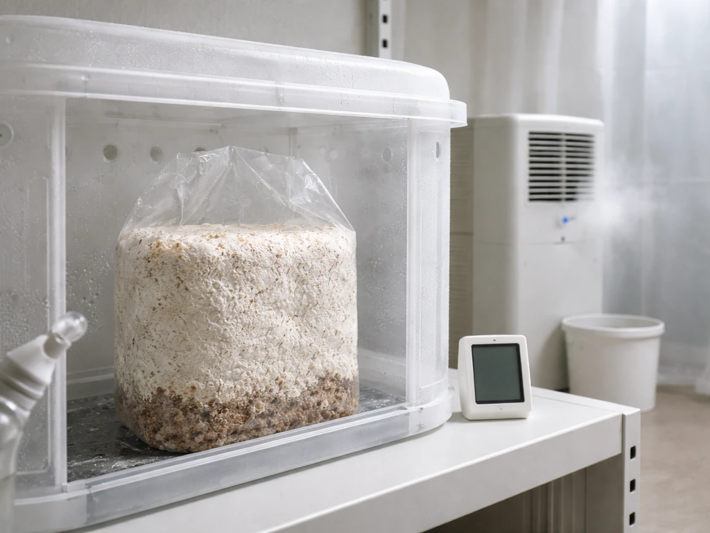 Colonized pioppino grow block inside a simple fruiting chamber with humidity and airflow control.
