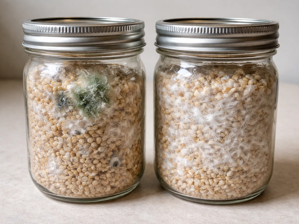 Side-by-side close-up of two inoculated mushroom substrate jars: one with green mold, one clean mycelium.