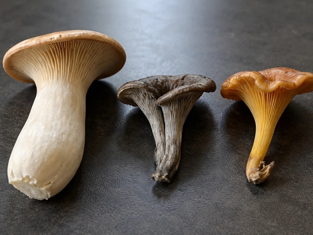 Three trumpet mushroom types, including a king trumpet, laid side by side on a dark tabletop.
