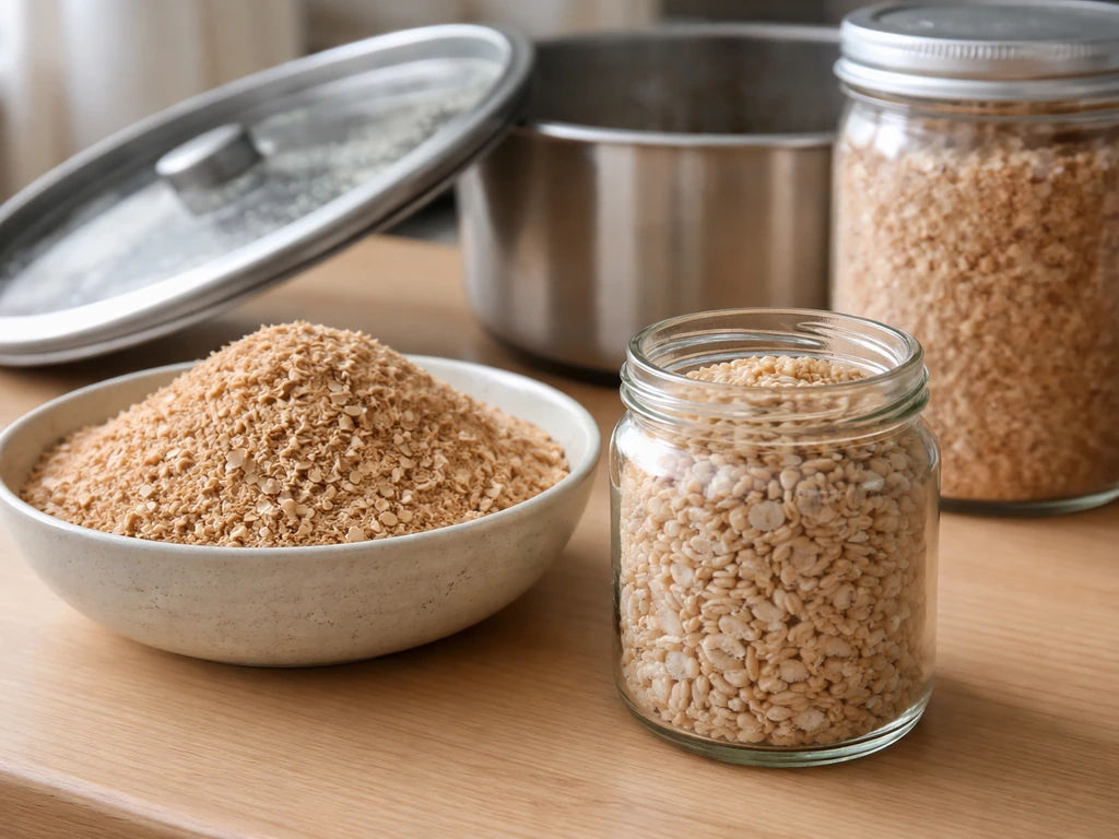 Jar of king trumpet grain spawn beside a bowl of hardwood sawdust, with simple mushroom prep tools.