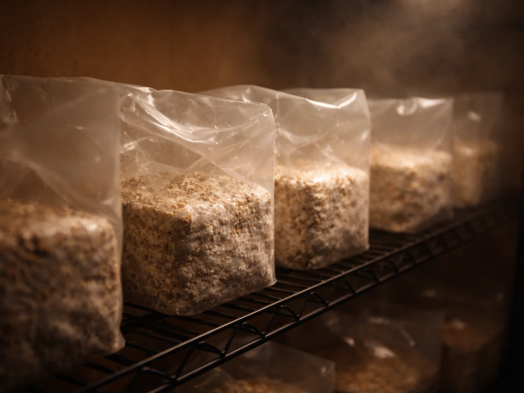 Dark warm incubation area with several colonizing mushroom blocks showing early mycelium growth.