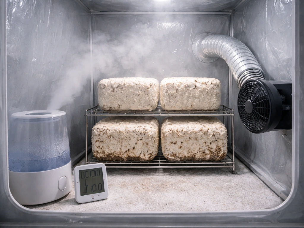 Cool fruiting chamber interior with humidifier mist and fan airflow directed at fruiting blocks.