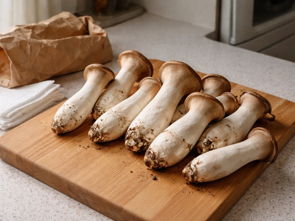 Fresh king trumpet mushrooms on a cutting board, with a paper bag and paper towels nearby in a cool kitchen.