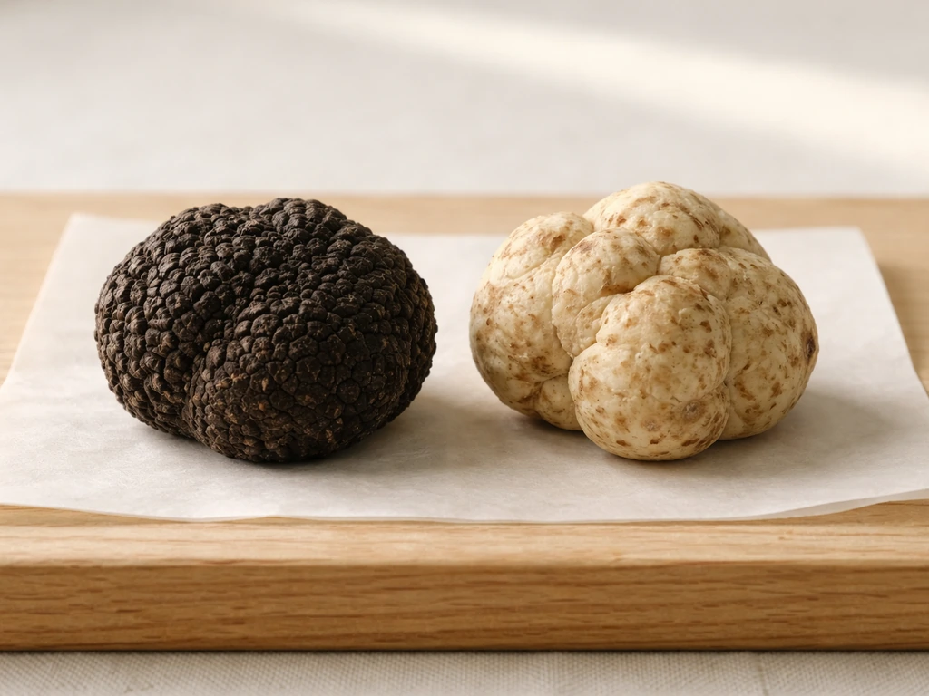 Two truffles side by side: dark black truffle and pale white truffle with rough natural texture.