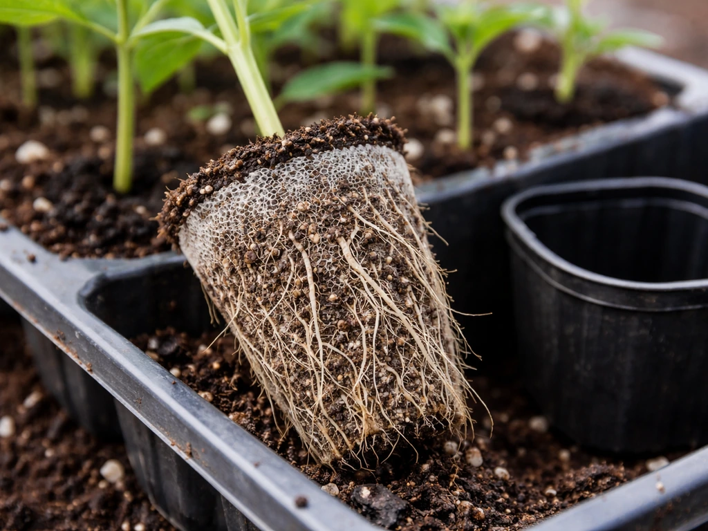 Close-up of nursery saplings in soil with roots and a packaged inoculated root ball, emphasizing inoculated starting mat