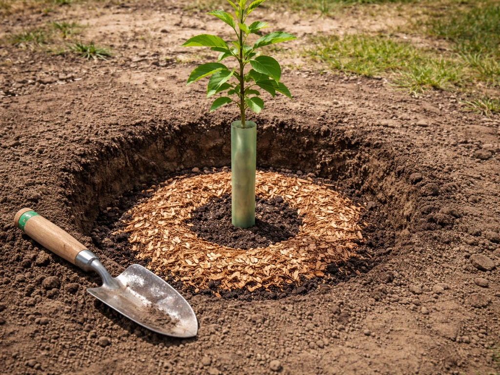 Young tree sapling planted in a prepared hole with a protective sleeve and mulch ring around it