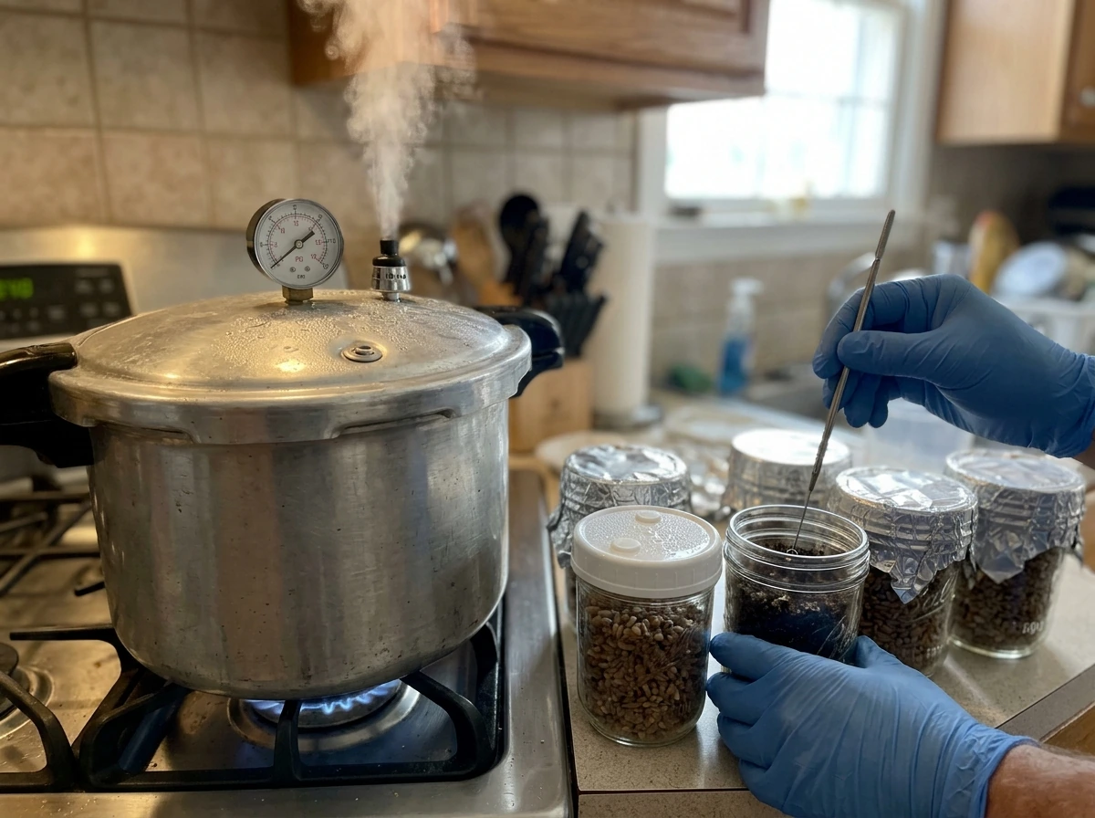 Gloved hands inoculating sterilized grain jars next to a pressure cooker.