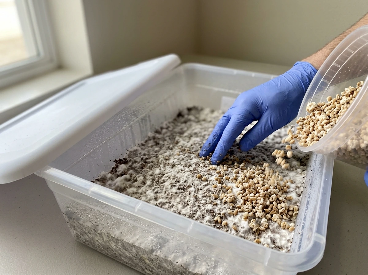 Colonized grain being mixed into a monotub with white mycelium substrate layer.