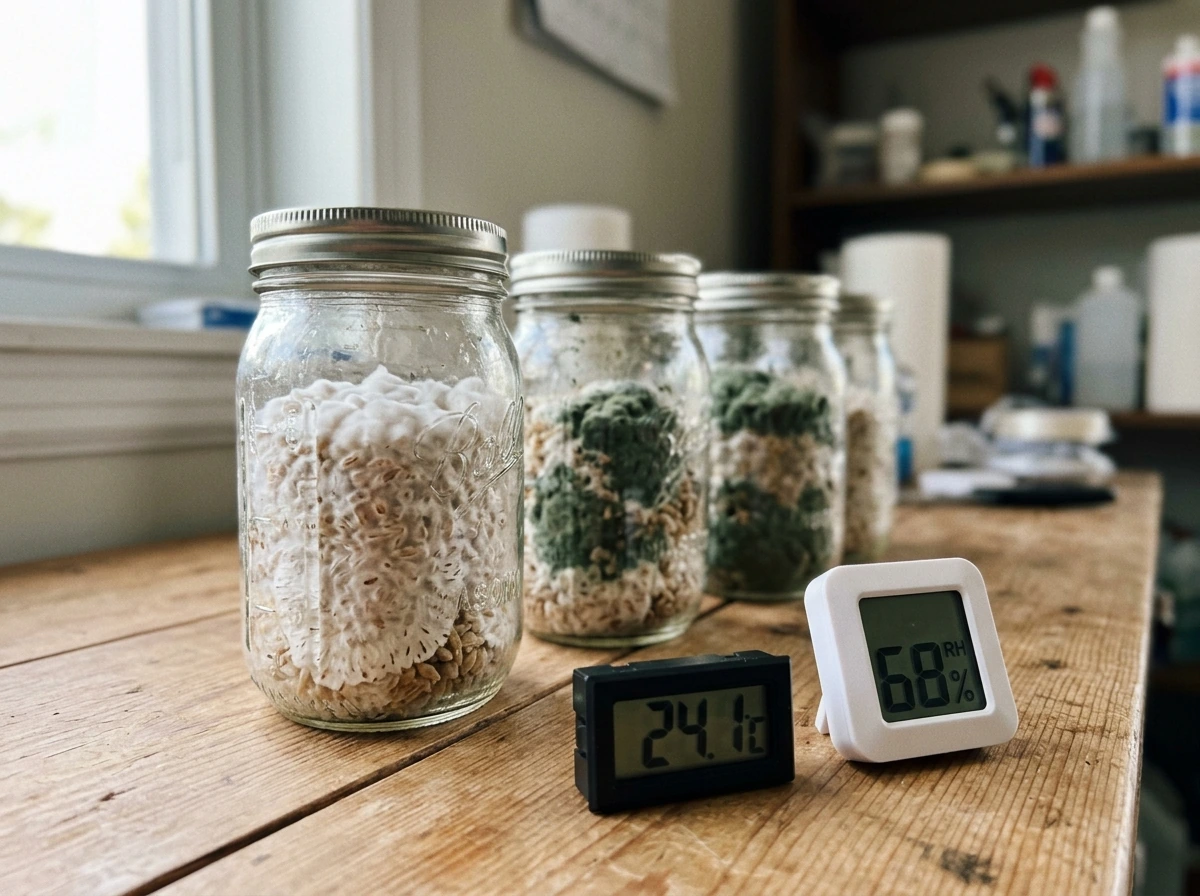 Assorted grain jars showing healthy growth next to green contamination mold.
