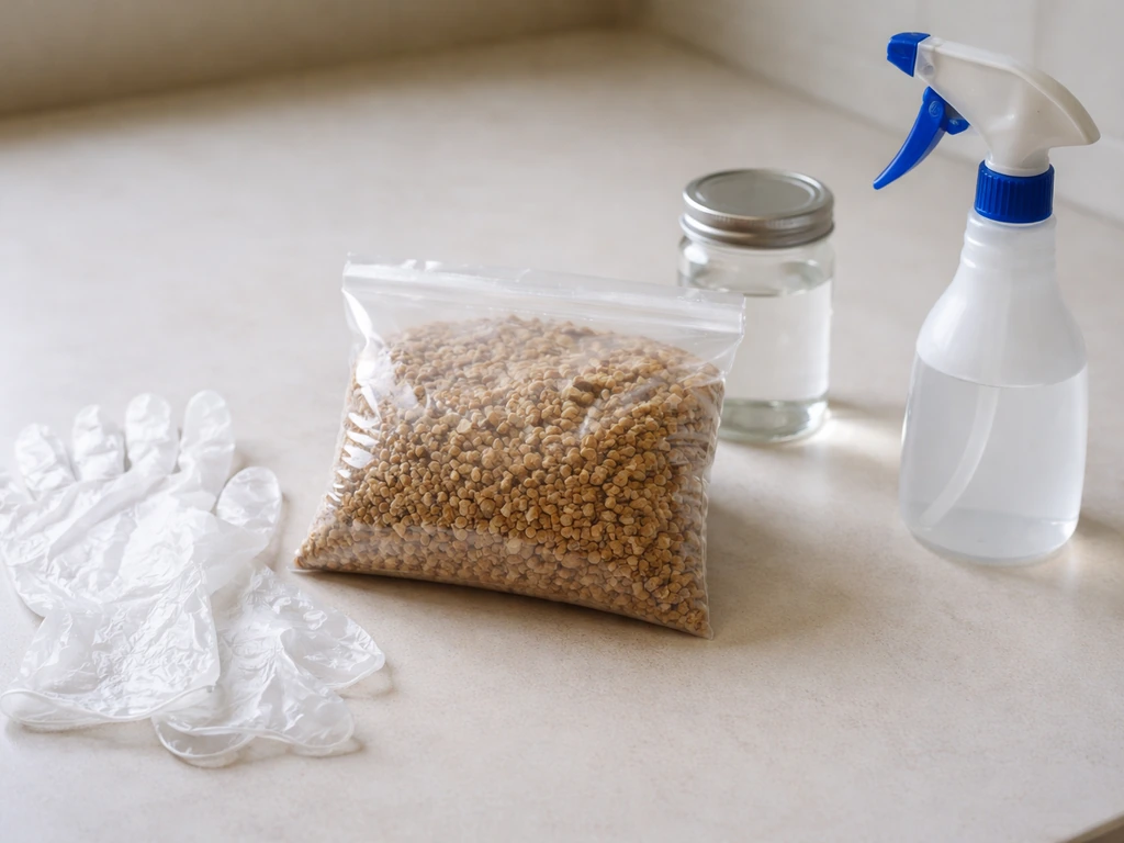 Gloved hands and sealed bag of hydrated hardwood pellets on a clean, sanitized work surface.