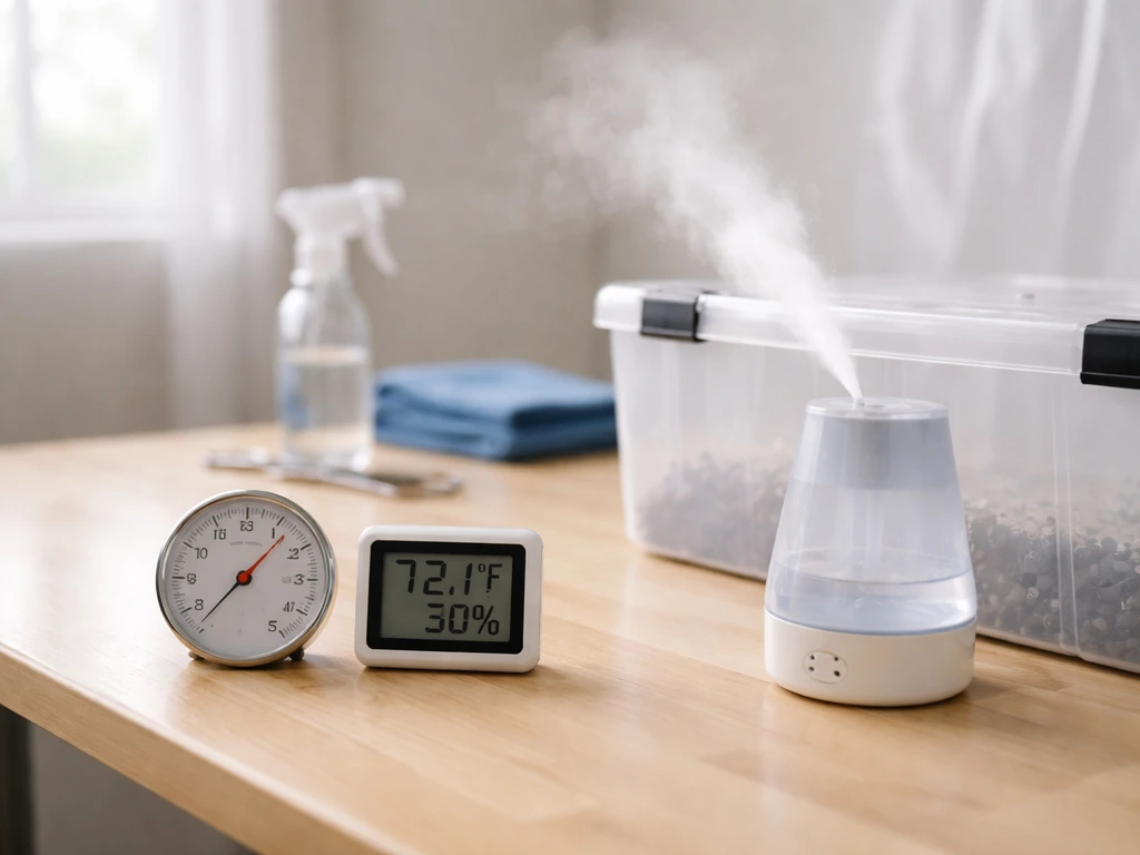 A clean workbench with thermometer and hygrometer beside a small humidifier releasing mist toward a container.