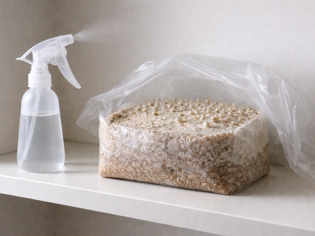 Opened mushroom grow kit in a clear bag under a small misting setup, early fruiting moisture visible.