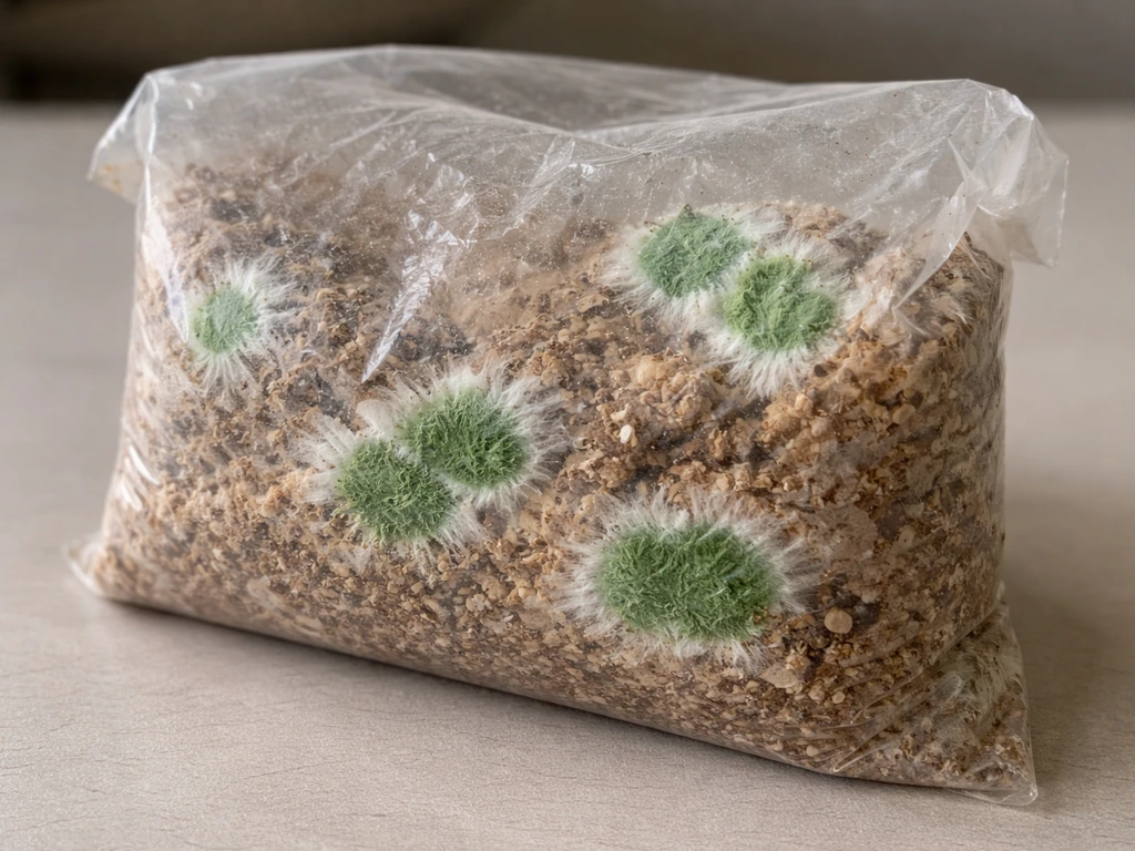 Close-up of a clear substrate bag with green Trichoderma-like mold patches on growing brown mycelium