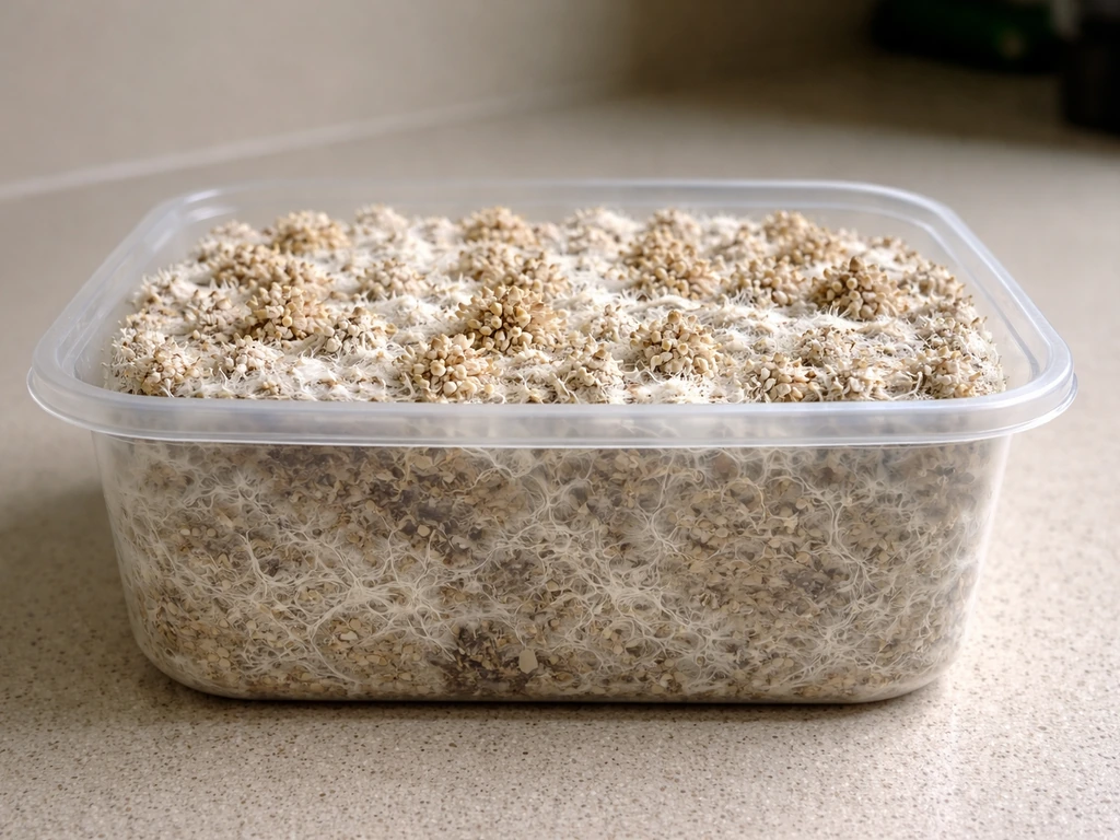 Close-up of turkey tail mycelium: dense bright-white rope-like growth with early surface fruiting bumps.