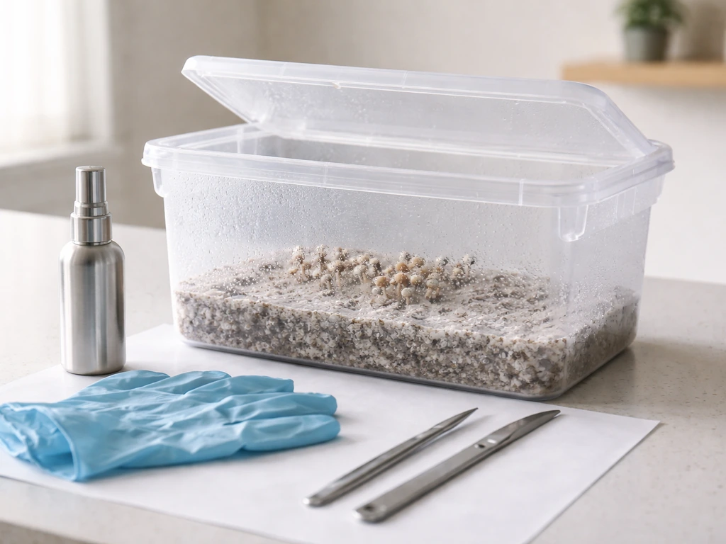 Minimal home mushroom grow setup with sterile tools and a small fruiting chamber showing early pins