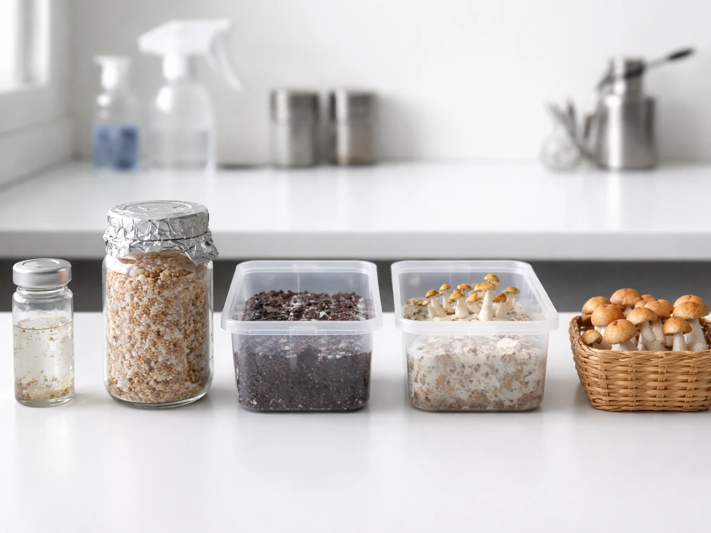 Minimal photo showing five connected lab workflow steps from spores to harvest in a clean staged layout