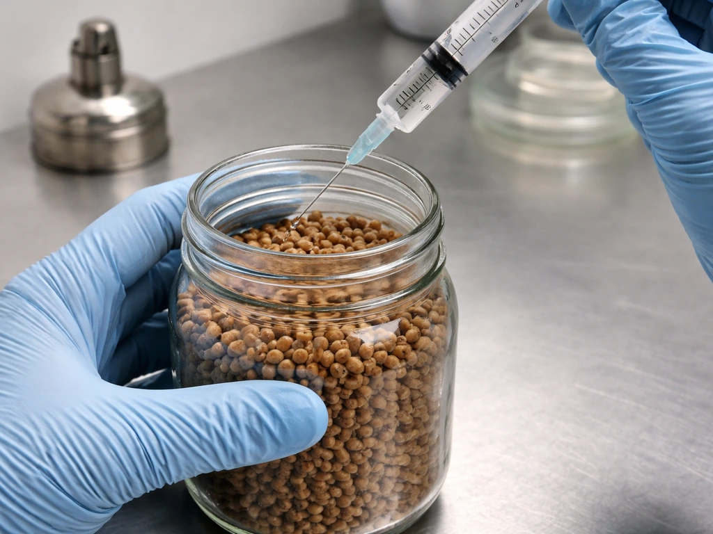 Gloved hands inoculating wide-mouth grain jars with a sterile syringe in a clean workspace