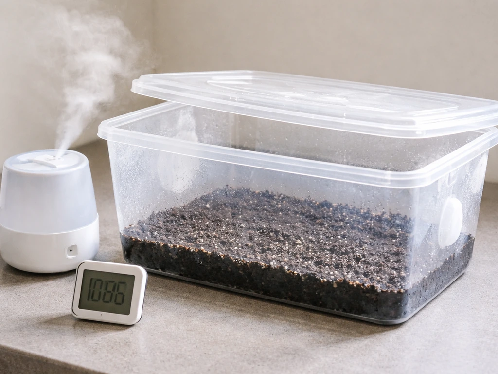 A simple fruiting chamber setup with a monotub, humidifier misting, and a visible hygrometer/thermometer