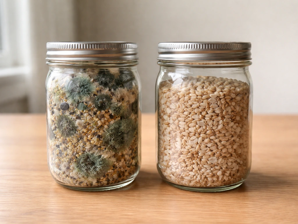 Two side-by-side substrate jars: one visibly contaminated with green/black patches, the other clean and healthy.