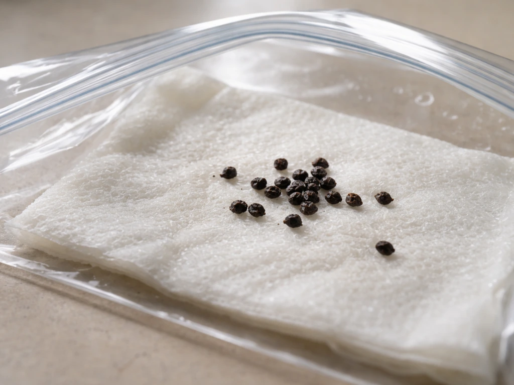 Close-up of dark monkshood seeds on a moist paper towel inside a sealed zip-lock bag for cold stratification.