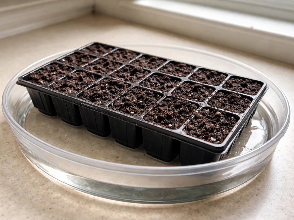 Seed-starting tray in shallow water for bottom-watering, soil surface evenly moist.