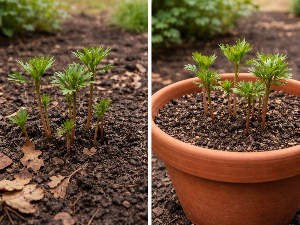 Minimal side-by-side scene: monkshood in-ground bed versus a well-prepared container with deep soil and drainage.