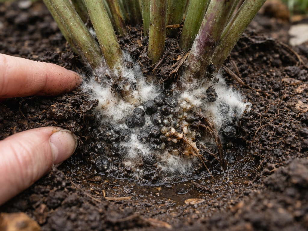 Close-up of monkshood stem base with white mold and dark sclerotia indicating crown rot and white mold.